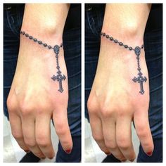 two pictures of a person's hand with a cross tattoo on the other wrist