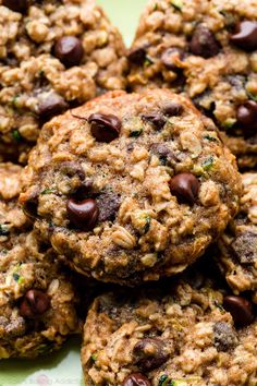 chocolate chip oatmeal cookies stacked on top of each other