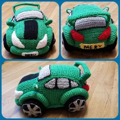 three pictures of a green toy car on the floor