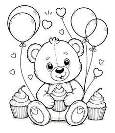 a teddy bear with balloons and cupcakes