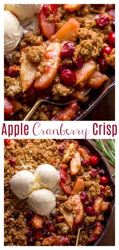 an apple cranberry crisp with ice cream on top