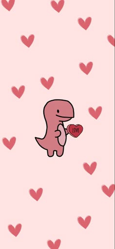 a pink dinosaur holding a red heart on a pink background with lots of small hearts