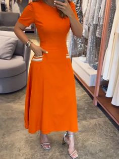 Vacation Sleeveless Linen Maxi Dress With Pockets | stylewe Dress Name, Color Block Shirts, Orange Material, Short Sleeve Maxi Dresses, Linen Casual, Urban Dresses, Crewneck Dress, Online Dress Shopping