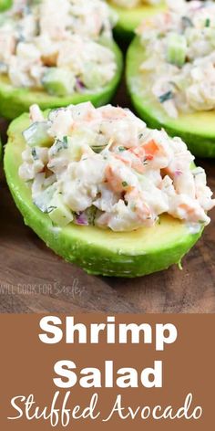 shrimp salad stuffed avocado is an easy appetizer to serve on the grill