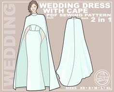 the wedding dress with cape sewing pattern is shown in white and has an open back