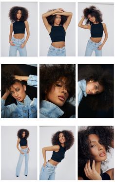 a collage of different photos of a woman with curly hair wearing jeans and crop tops