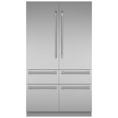 a stainless steel refrigerator freezer with two doors and three drawers on each side,