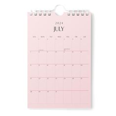 a pink calendar with the word july written in black on it, against a white background