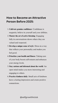 ❗️🚨 Get your FREE E-BOOK  🥂 Follow @selfgrowthhclub for daily advice and tips   Attractiveness transcends physical appearance; it’s about the energy and attitude you project. Embracing these tips will enhance your charisma, make lasting connections, and allow you to shine in every interaction.  👉 What makes someone attractive to you? Share in the comments! 👉 Tag a friend who embodies these qualities and inspire each other!  #Attractiveness #Charisma #Confidence #PersonalDevelopment #SelfLove Daily Advice, Physical Appearance, Growth Quotes, Therapy Worksheets, Aesthetic Words, Life Improvement