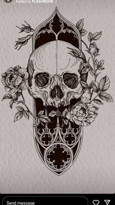 a drawing of a skull with roses on it