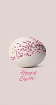 an easter egg with pink flowers painted on it and the words happy easter written below