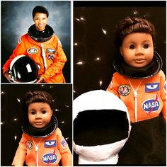 an astronaut doll is shown in three different pictures, including one wearing an orange spacesuit