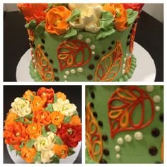 the cake is decorated with orange and green flowers