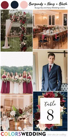 the wedding color scheme for burgundy, navy and blush is shown in this collage