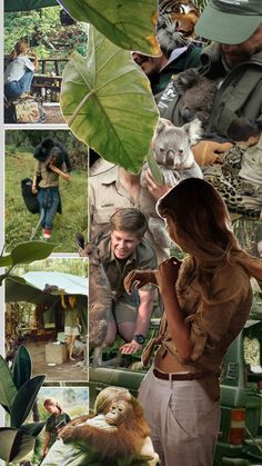 a collage of people and animals in the wild, including an oranguel