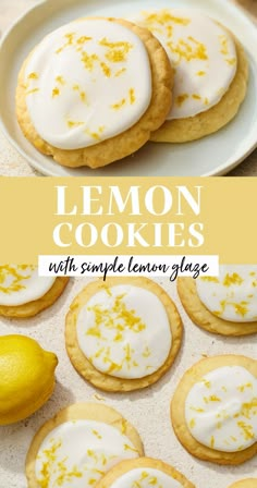 lemon cookies with simple lemon glaze are on a white plate next to some lemons