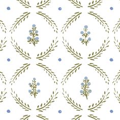 a floral pattern with blue flowers and green leaves on a white background that is seamless