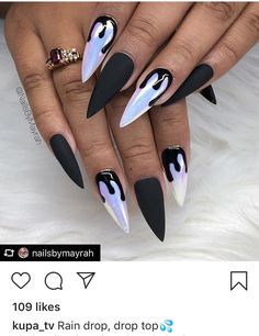 Almond Nails Goth Designs, Goth Nails Halloween, Gothic Coffin Nail Ideas, Scary Acrylic Nails, Dark Summer Nail Ideas, Goth Punk Nails, Theme Nails Designs, Short Stiletto Halloween Nails, Halloween Glam Nails