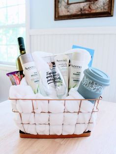 a basket filled with personal care products on top of a table