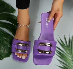 Casual Purple Open Toe Slides, Luxury Purple Open Toe Sandals, Luxury Purple Leather Sandals