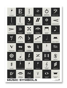 music symbols are shown in black and white on a checkerboard background with the words,