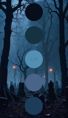 an image of a cemetery in the dark with blue and black circles above it that says,