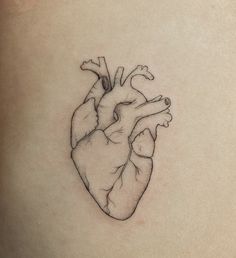 a small heart tattoo on the back of a woman's left side ribcage