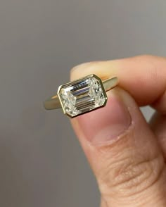 East West Solitaire Engagement Ring Bezel Set Emerald Cut Wedding Ring for Wife Promise Rings For Girlfriend, Bezel Set Wedding Ring, Marriage Material, Dainty Wedding Ring, Ring Inspiration, Emerald Cut Engagement, Emerald Cut Moissanite