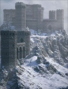 an old castle on top of a snowy hill