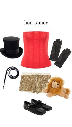 a red corset, black top hat, gold sequin shorts and brown teddy bear