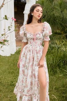 Miranda Slit Bow Tie Cotton Silk Maxi Dress - MEAN BLVD Pretty Cottagecore Dress, Elegant Cottage Core Outfit, Bow Dresses Aesthetic, Floral Cottagecore Outfits, Elegant Picnic Outfit, Ingenue Clothing Style, Fun Midi Dress, Bridgeton Inspired Dresses, Long Summer Dresses Floral