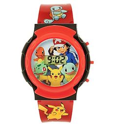 a red and black watch with pokemon characters on it