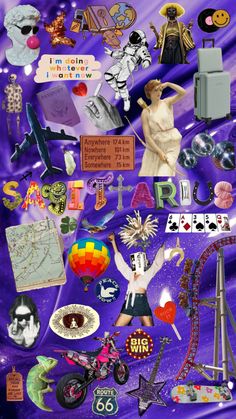 a collage of various items on a purple background