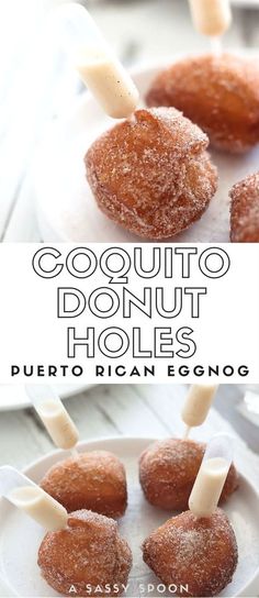 coconut donut holes are being dipped with butter and then coated with sugar to make the perfect appetizer