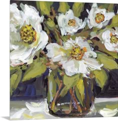 an oil painting of white flowers in a vase