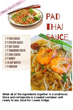 the menu for pad thai sauce with shrimp and noodles