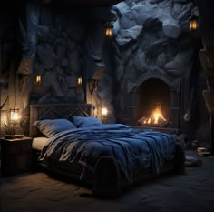 a dimly lit bedroom with a stone fireplace and bed in the middle, surrounded by rocks