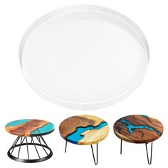 three tables with different designs on them and one has a white plate in the middle