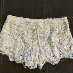 Adorable Never Worn Crochet Shorts Express Xs Fitted Summer Bottoms With Crochet Trim, Casual Cotton Bottoms With Crochet Lace, Short Crochet Bottoms For Spring, Fitted Lace Shorts For Vacation, Summer Cotton Bottoms With Crochet Lace, Summer Cotton Crochet Lace Bottoms, Casual Crochet Bottoms For Spring, Crochet Lace Cotton Bottoms For Summer, White Casual Bottoms With Crochet Trim