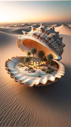 an open shell with palm trees in the desert