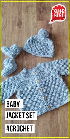 a crocheted baby sweater and hat set with the words, baby jacket set crochet