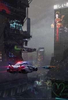 an image of a futuristic city in the rain with neon lights and cars driving down it