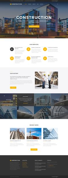 the website design for construction company is shown in yellow and gray colors, with an image of