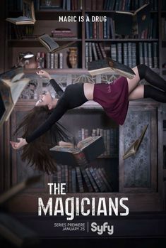 an advertisement for the magician's story, featuring a woman flying through the air in front of bookshelves