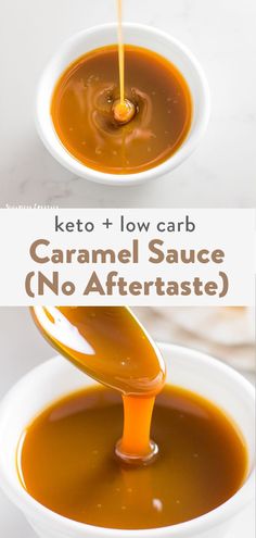 caramel sauce being poured into a white bowl with the words keto and low carb