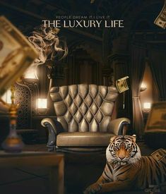 a tiger laying on top of a couch next to a chair with money flying around