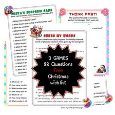 three games and questions for christmas wish list with santa's sleigh theme