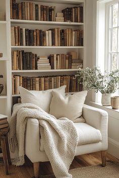 a white couch sitting in front of a book shelf filled with lots of books next to a window