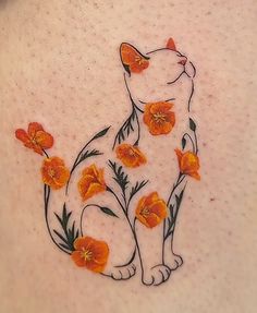 a cat with orange flowers on it's back side tattoo design by artist unknown