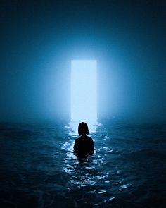 a person in the water with an open door behind them, and light at the end of the tunnel